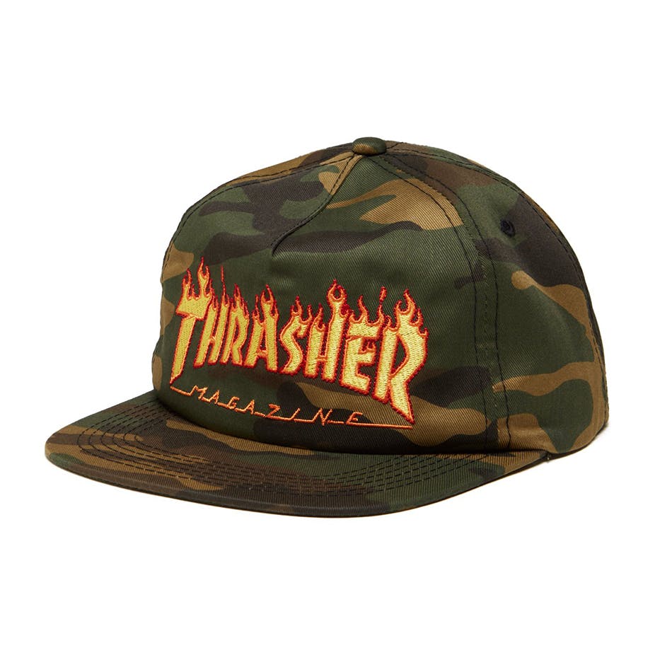 Thrasher Magazine FLAMES LOGO UNSTRUCTURED Snapback Skateboard Hat CAMO
