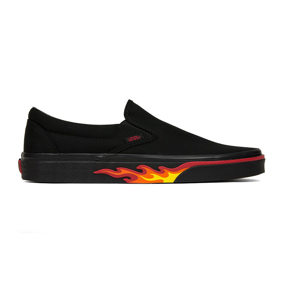 black slip on flame vans