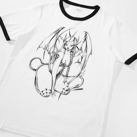 Crawling Death Dragon Girl Ringer T-Shirt - White