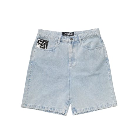 Crawling Death Web Denim Shorts - Light Blue