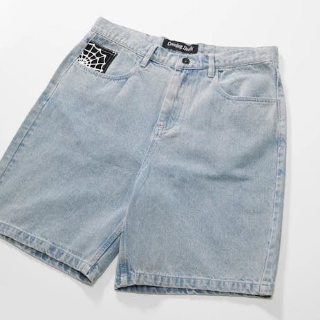 Crawling Death Web Denim Shorts - Light Blue