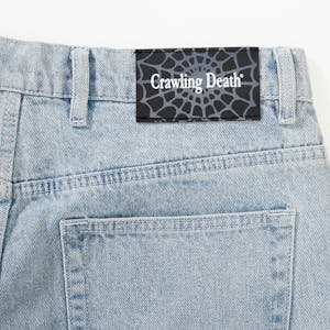 Crawling Death Web Denim Shorts - Light Blue