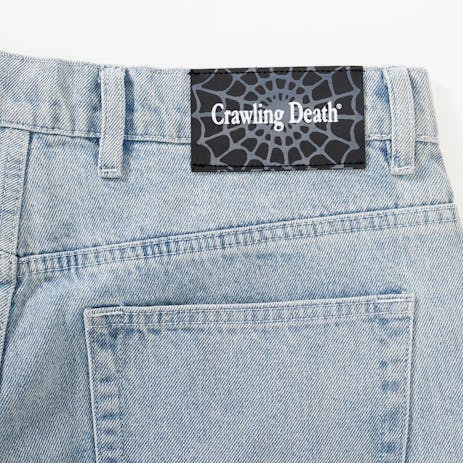 Crawling Death Web Denim Shorts - Light Blue