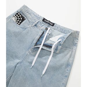 Crawling Death Web Denim Shorts - Light Blue