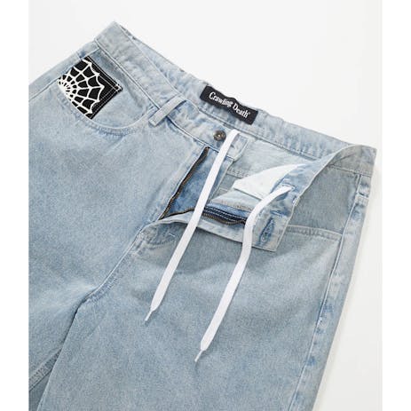 Crawling Death Web Denim Shorts - Light Blue