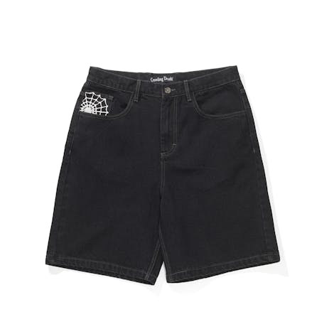 Crawling Death Web Denim Shorts - Washed Black