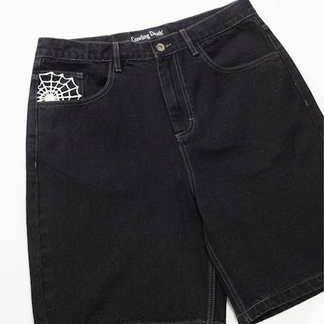 Crawling Death Web Denim Shorts - Washed Black