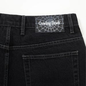 Crawling Death Web Denim Shorts - Washed Black