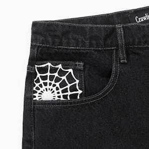 Crawling Death Web Denim Shorts - Washed Black