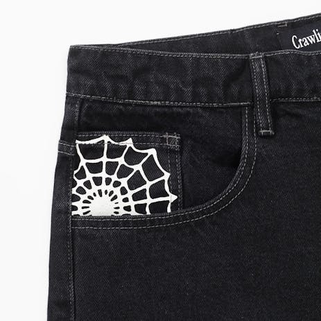 Crawling Death Web Denim Shorts - Washed Black