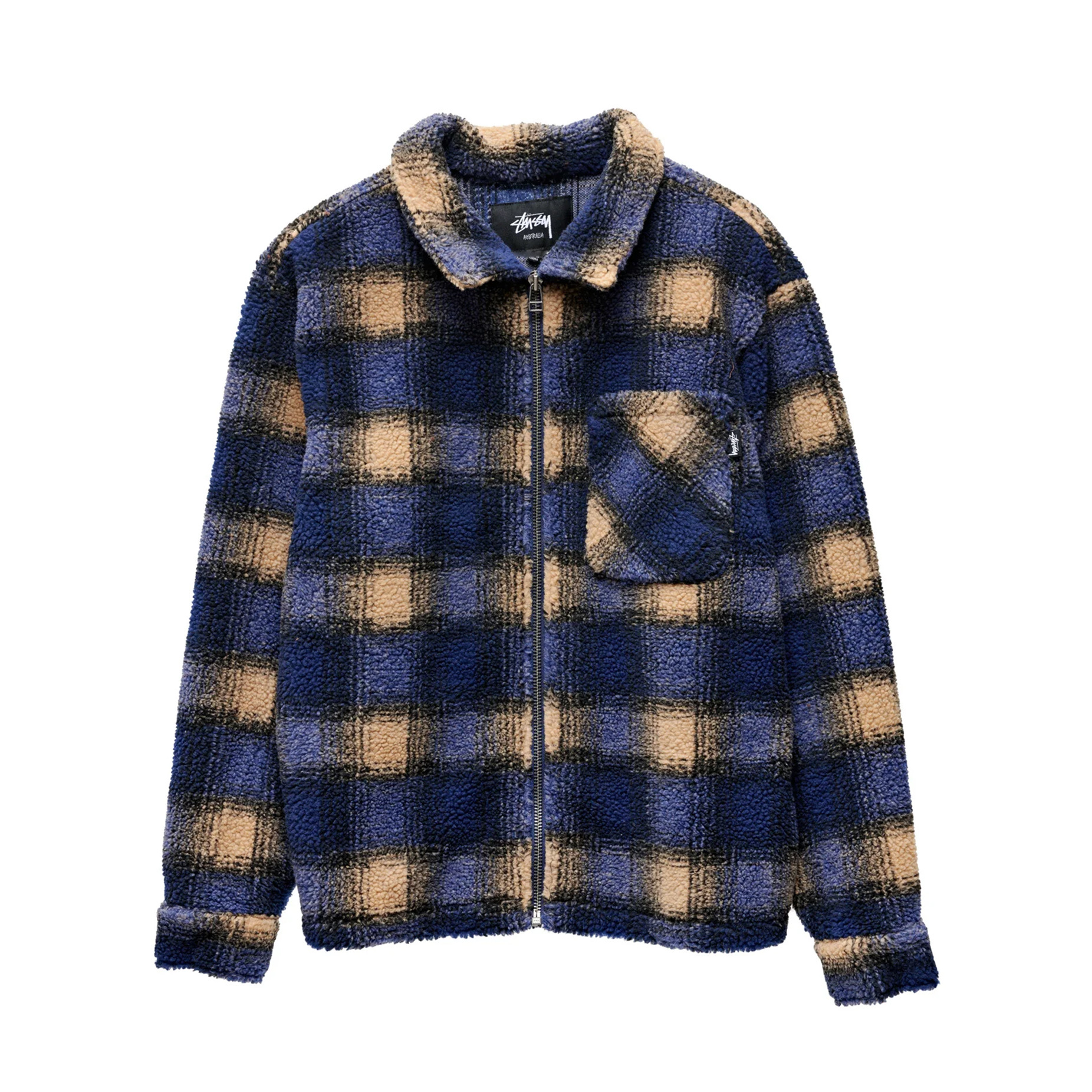 Stussy Shadow Plaid Sherpa Zip Shirt - Navy | BOARDWORLD Store